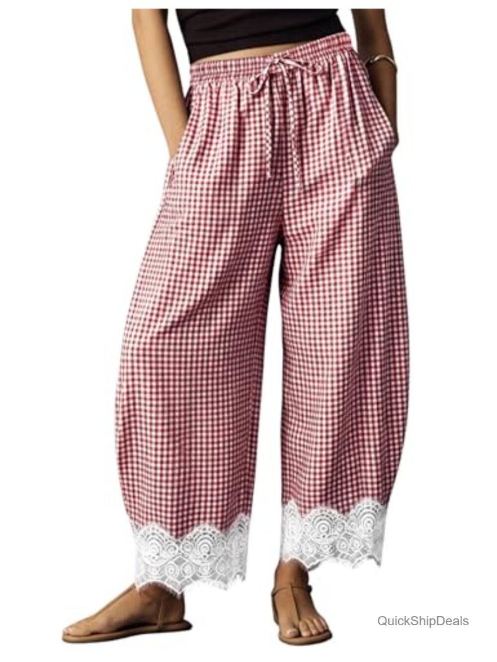 Women Lace Trim Gingham Wide Leg Barrel Pants Elastic Drawstring Lounge Pants